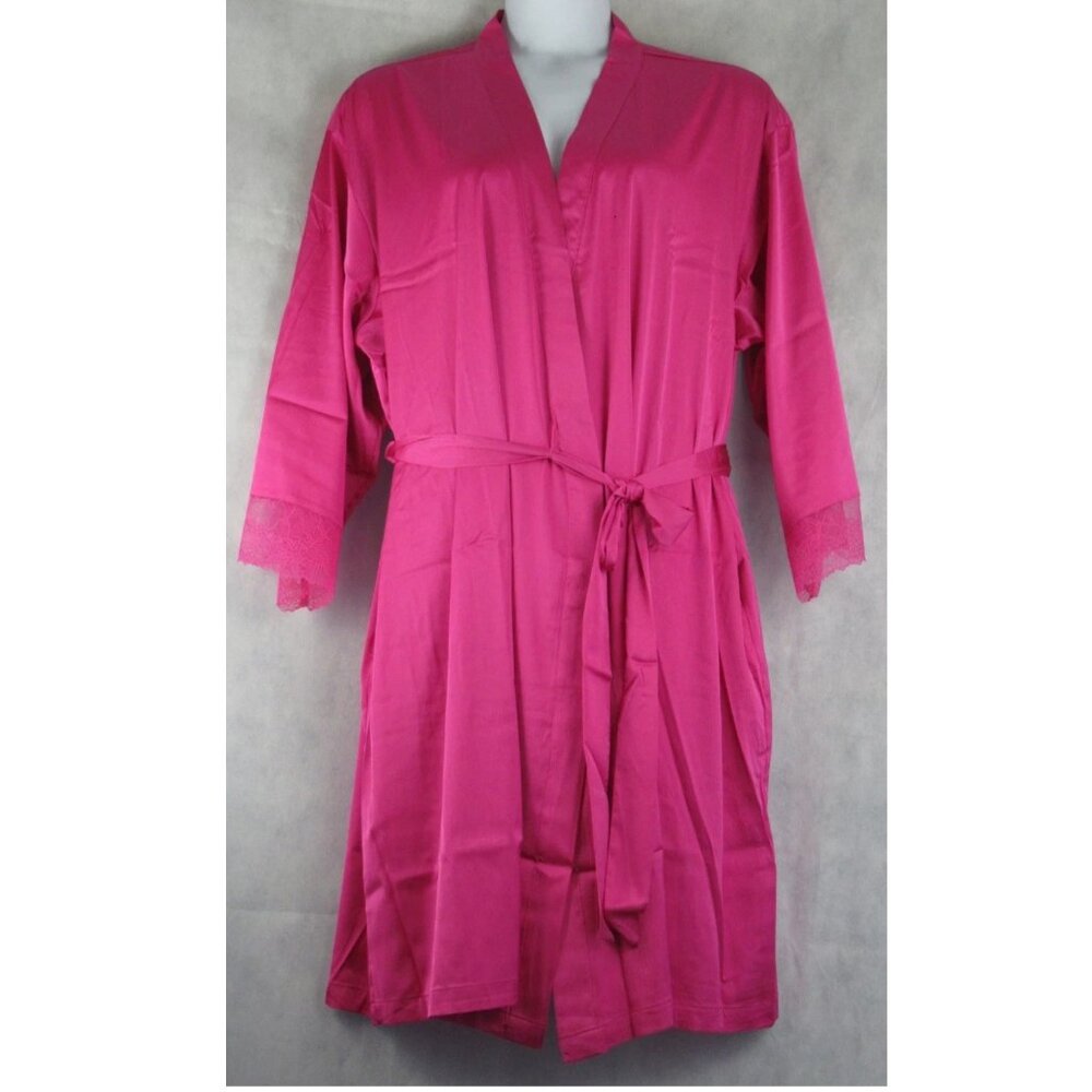 INC International Concepts Womens Plus Size Lace-Trim Satin Short Robe, Pink, 2X